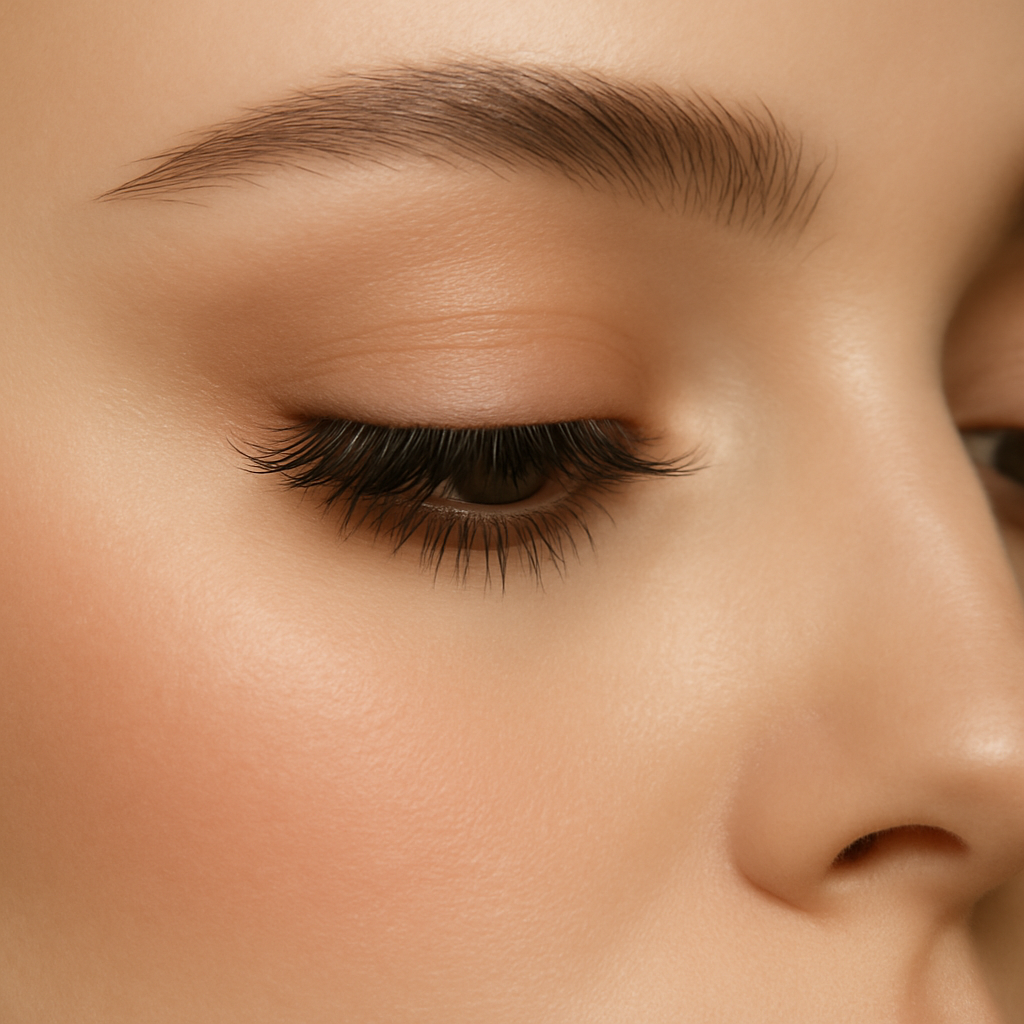 Close-up of an eye wearing full, fluttery false lashes with soft makeup