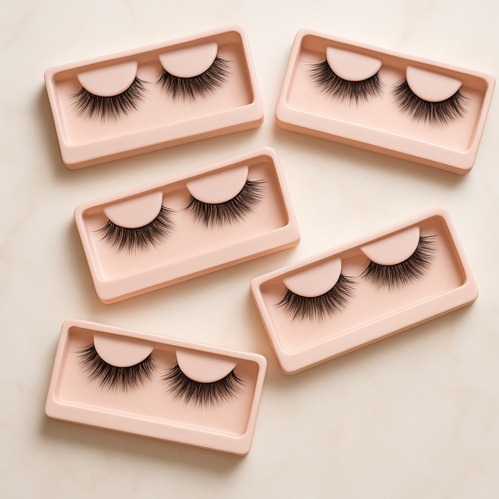 False eyelashes displayed in blush trays on a marble surface